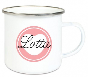 ♥ Tasse Emailletasse Button Herz, Einschulung KITA Wunschname, Dankeschön, Geburtstag, Abschied, Jubiläum, Geschenk, Becher von Lüttentüddel
